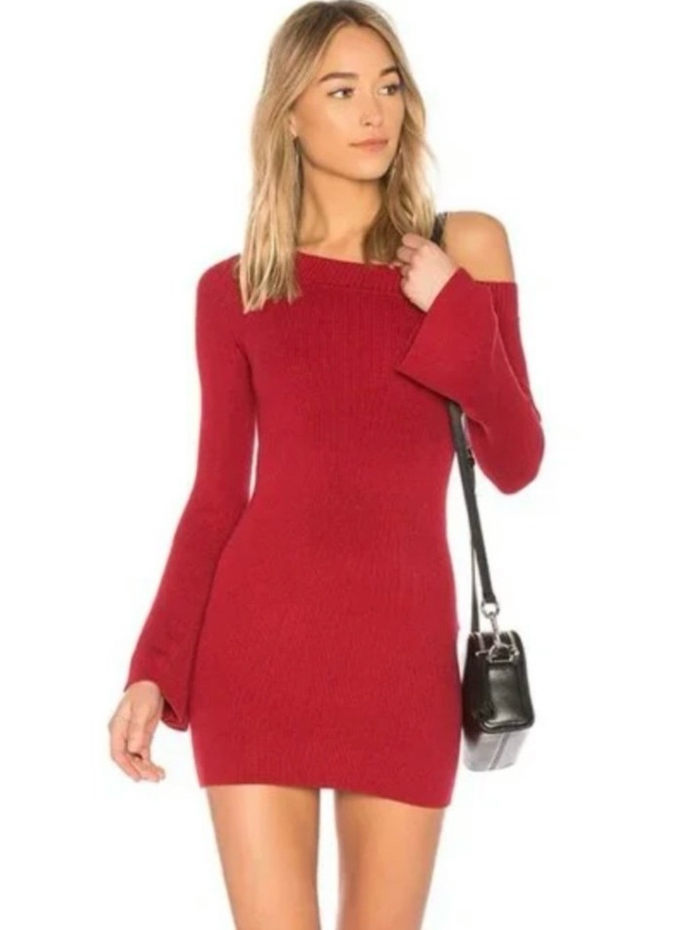 NWT LOVERS + FRIENDS | Westmont Red Off-Shoulder Sweater Dress Knit Mini Medium